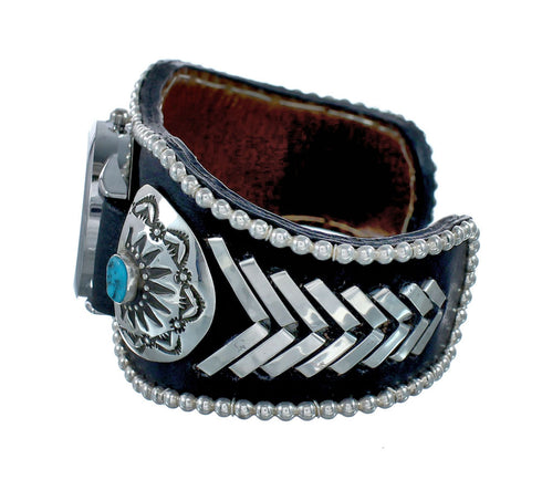 Navajo Turquoise Beaded Sterling Silver Leather Cuff Watch NN20297